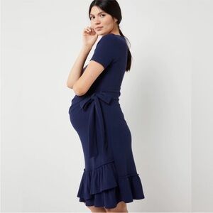 A Pea in the‎ Pod Blue Ruffled Hem Side Tie Maternity Dress Navy Blue Size XS